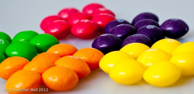 Sorted piles of Skittles sweets